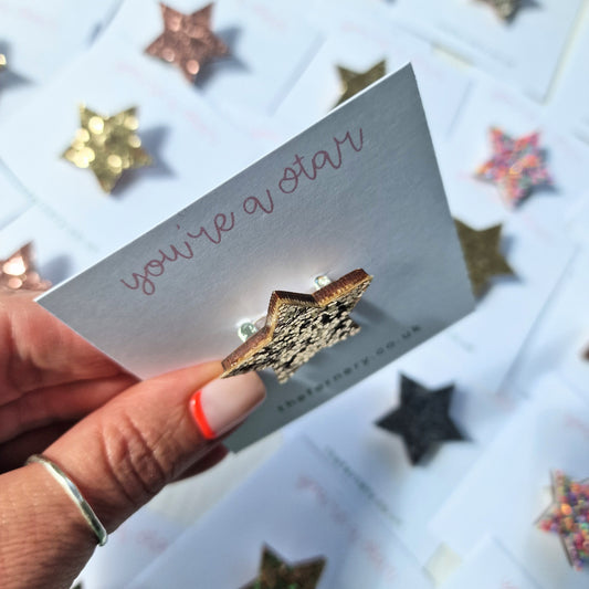 Sparkle Birch Wood Star Brooch - Rainbow