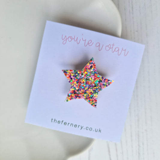 Sparkle Birch Wood Star Brooch - Rainbow